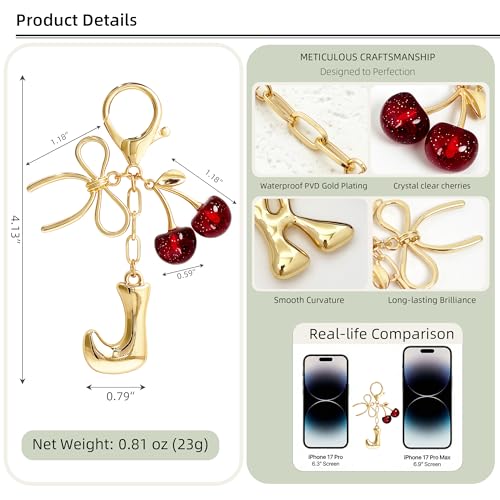 Cute Initial Cherry, Bow, Heart & More Styles - Personalized Keychain Bag Charms & Purse Accessories for Handbags - color: Red Cherry, style: J