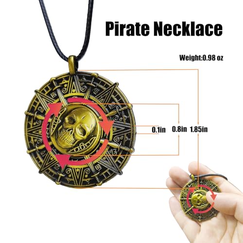 Pirate Coin Necklace, Double-Sided Antique Brass Pirate Accessories, Skull Necklace for Men Women and Kids, Halloween Costume Accessories for Pirate Party Cosplay, Halloween Dress Up Party Favors