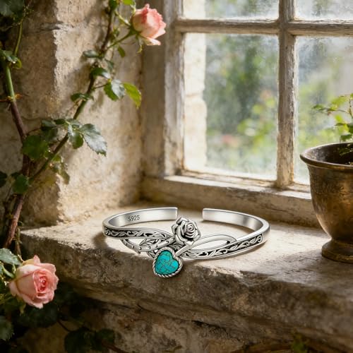 Genuine Turquoise Bracelet Cuff Bracelet for Women Mom 925 Sterling Silver Natural Turquoise Bangles Vintage Bracelet Boho Jewelry for Birthday Christmas Mother's Day Valentine's Day - style: Rose