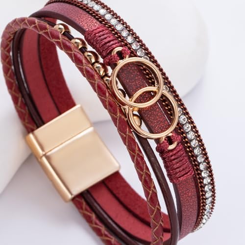 FANCY SHINY Boho Leather Wrap Bracelet Stackable Infinity Chunky Cuff Bracelets Western Hippie Outfits Jewelry Valentine Gifts for Women - color: Burgundy