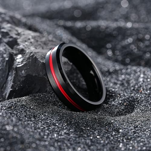 King Will Mens Tungsten Rings for Men Two Tone Grooved Mens Wedding Band Cool - color: Black & Red 6mm