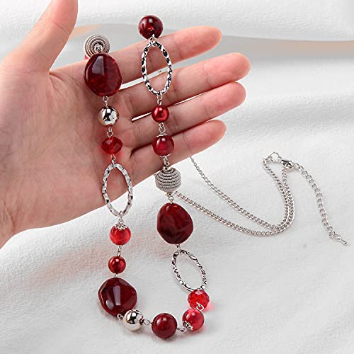 BULINLIN Beaded Long Necklace for Women Silver Sweater Chain Necklace with Crystal Resin Beads, Fashion Jewelry Necklace - color: Red
