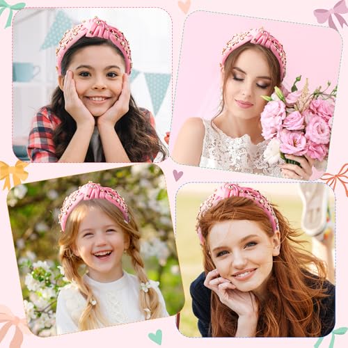 PANTIDE Coquette Pink Bow Jeweled Knotted Headband - Rhinestone Crystal Pearl Embellished Preppy Trendy Headband Wide Top Knot Non Slip Fashion Hairband Accessories Birthday Gift for Women Girl (Pink) - color: Pink Bow