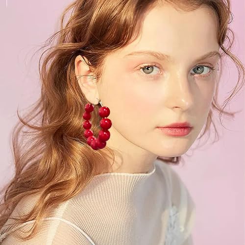 Summer Candy Colored Bead Earrings Lightweight Dainty Acrylic Geometry Hoop Earrings for Women Cute Boho Chic Handmade Jewelry - color: Red