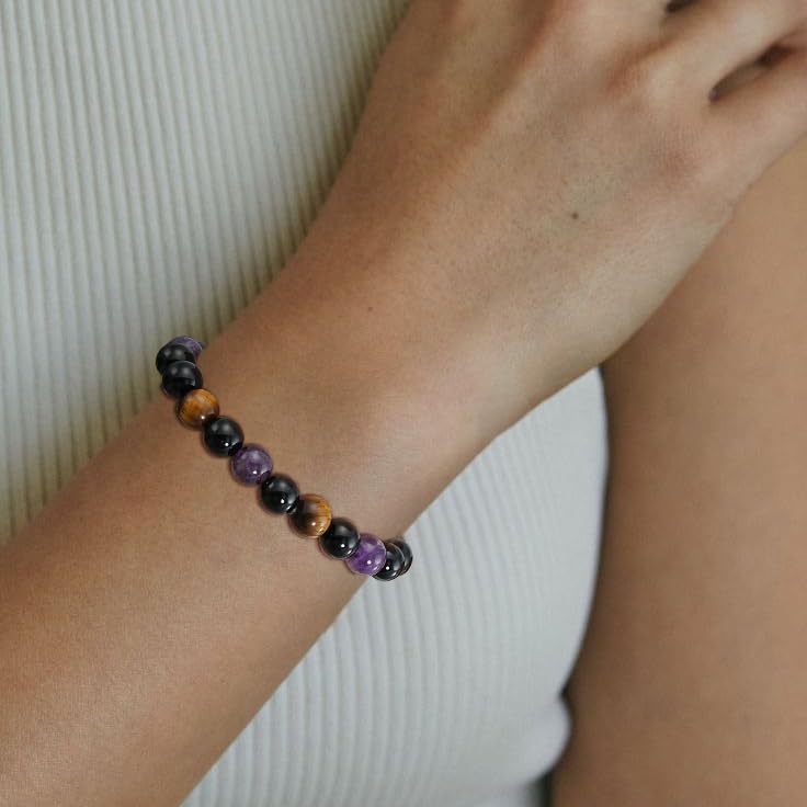 Gnamy Healing Crystal Bracelet for Women, Natural Stone Beaded Healing Crystal Bracelet Triple Protection Stress Relief Beads Jewelry Birthday Gifts Jewelry for Her - style: Triple Protection-2