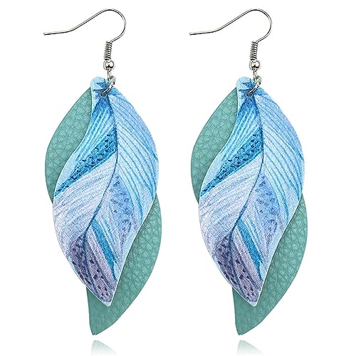 ANXIN boho unique Leather Earrings 2 Layered Lightweight Faux Leather Leaf Earrings Layered Design Drop Earrings Gift for Women - color: 1 Green Faux Leather Leaf Earrings