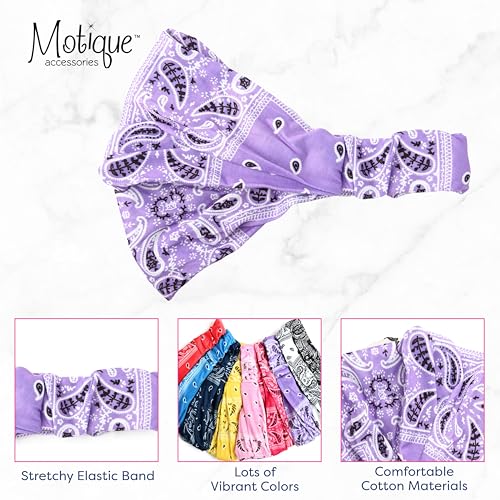 Motique Accessories Wide and Stretchy Cotton Bandana Headwrap, Multiple Colors (Lavender Paisley, Medium) - color: Lavender Paisley