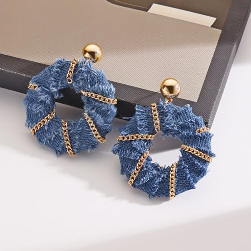 Coiris Bohemian Statement Dangle Earrings for Women Denim Leather Shells Pearl Polygonal Leaf Circle Drop Earrings for Women - style: Denim Chain