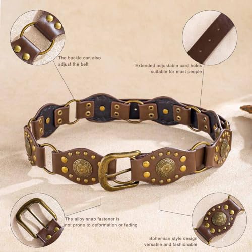 Western Belt for Women Boho Leather Belts Brown Vintage Waist Belt Cowgirl Belts for Dress