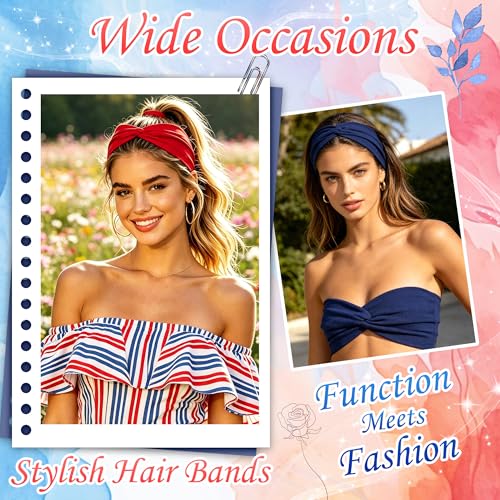 4th of July Short Headbands for Women 3Pcs Red White and Blue Twist Cross Turban Headbands Boho Elastic Non Slip Hair Bands Hair Wraps Accessories - color: Red+Blue+White