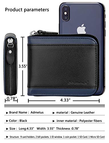 Admetus Mens RFID Blocking Wallets Zipper Leather Wallet for Men Bifold RFID Card Holder - color: Black-23