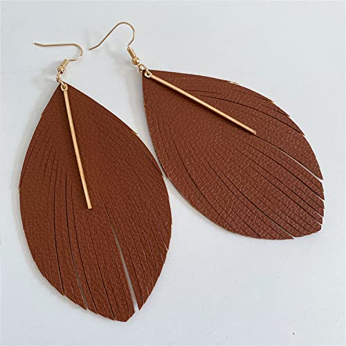 Minimalist Handmade Lightweight Large Soft Faux Leather Fringe Feather Dangle Drop Earrings Bohemian Huge Leaf Hook Earrings with Bar for Women - color: Brown