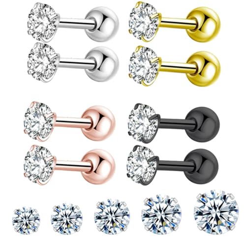 Tanyoyo 4mm Surgical Stainless Steel Ear Piercing Studs Earrings sets 5-6 Pair Mixed Colors High Polished 16G ¡­ - style: B: 4 COLOR CZ