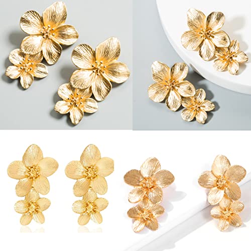 Boho Metal Flower Dangle Earrings - Romantic Sweet Chic Petal Statement Earrings for Women