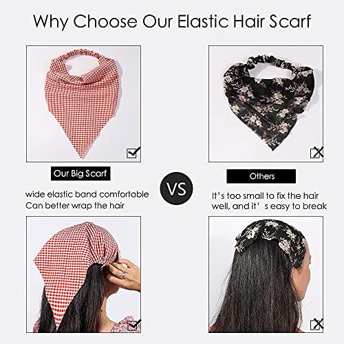 Vercret 6 Pack Hair Scarf Headband for Women Elastic Bandana Head Scarf Large Boho Triangle Kerchief with Clips Non Slip Scarves - color: D Pack Plaid Printed