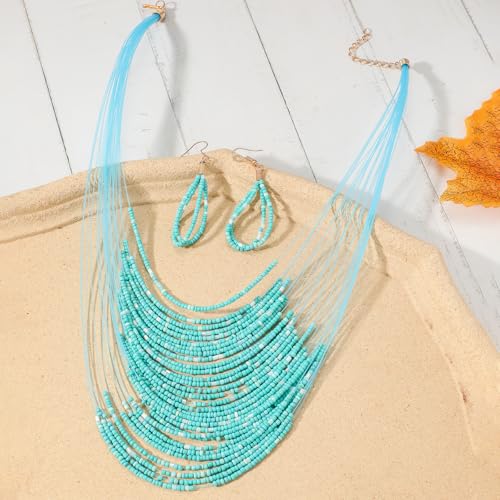 Bohemian Colorful Beaded Earrings Necklace Geometric Teardrop Dangle Earrings Multi-layered Stackable Choker Necklaces Boho Seed Bead Chain Statement Beach Party Accessories - color: Lake Blue