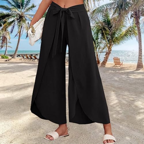 Wide Leg Tie Belted Linen Capri Pants for Women Casual High Waist Irregular Split Hem Palazzo Cropped Trousers - color: Black, size: Large