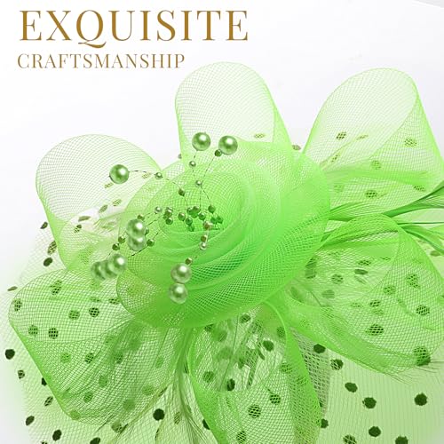 DRESHOW Fascinators Hat Flower Mesh Ribbons Feathers on a Headband and a Clip Tea Party Headwear for Girls and Women - color: 7" Diameter / Bright Green