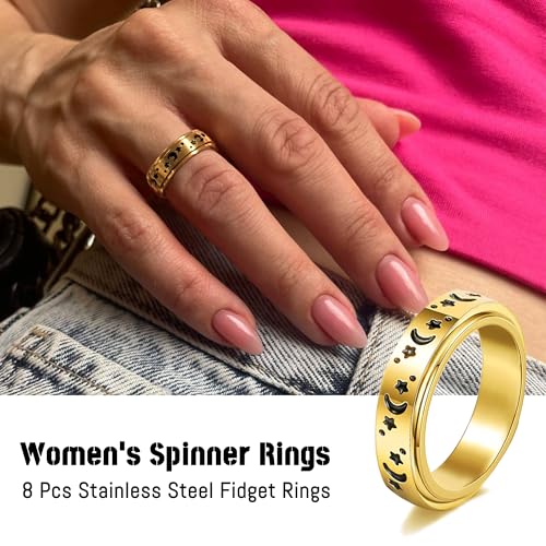 FEYIR 8 Pcs Fidget Rings for Women Anxiety Spinner Stainless Steel CZ Band Ring Spinning Rings Set for Anxiety - color: 8pcs-Gold