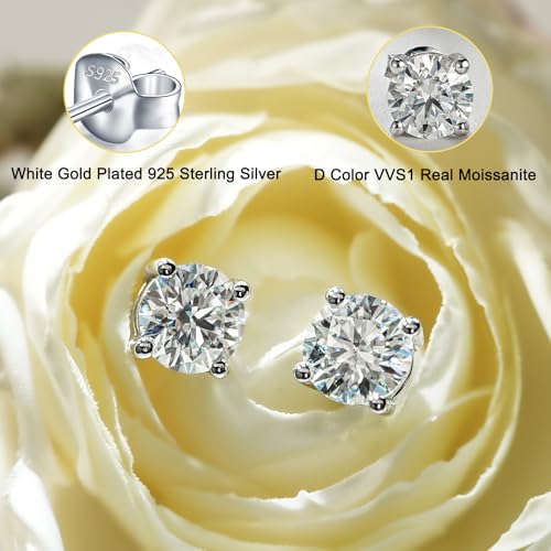 YODEWA 1/2/3ct Moissanite Stud Earrings for Women 925 Sterling Silver Hypoallergenic Butterfly Back 1 Pair DEF Color Lab Created Brilliant Round Moissanite Earrings - color: Round Solitaire, size: 2CTW (1CT Each)