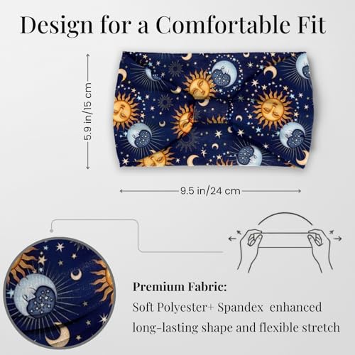 Wide Headbands for Women Non Slip Knotted Headhand Bandana Star Moon Head Bands Hair Wrap Yoga Workout Hair Accessories 4 Pack - color: 4 Pack Star Moon Headbands Style 10