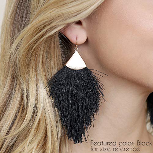 Bohemian Silky Thread Fan Fringe Tassel Statement Earrings - Lightweight Strand Feather Shape Dangles - color: Feather Fringe - Dark Salmon