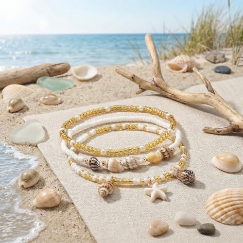 Boho Beads Beach Layered Anklet Set for Women, Handmade Gold Starfish Pearl Shell Anklets Summer Ocean Accessories Jewelry Gift - color: Conch