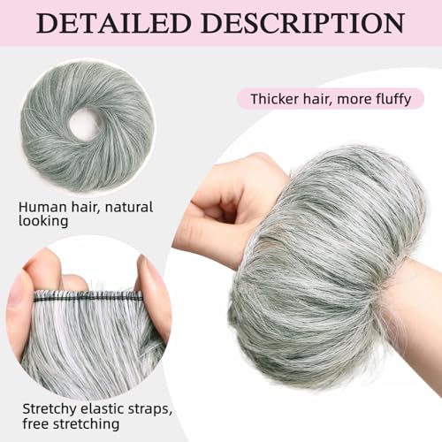 Human Hair Messy Bun Scrunchie Extensions for Women, Real Wavy Curly Ponytail Hair Piece, Lightweight Tousled Fake Buns Stretchy Fluffy Donut Updo, White Mix Black 25g - color: White Mix Black