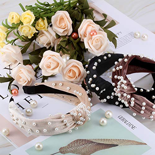 WILLBOND 3 Pieces Pearls Headband Knotted Headband for Women Velvet Pearls Headwear for Woman Hair Accessories (Beige, Pale Mauve, Black) - color: Beige, Pale Mauve, Black