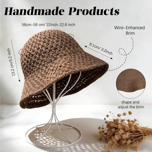 Sun Hat for Women Beach Hat Straw Bucket Hat Summer UV Protection, Packable Breathable Crochet Style - color: 1pack-coffee