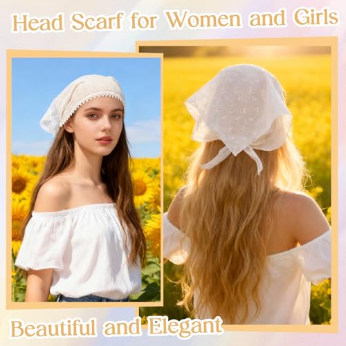 JATEBI 4PCS Women's Floral Lace Mesh Triangle Head Scarves Adjustable Boho Bandanas - color: White