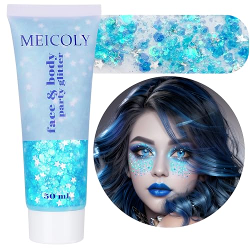 MEICOLY Light Blue Body Glitter,Mermaid Princess Face Glitter Gel,Ice Blue Glitter Face Paint for Halloween,Frozen Birthday Party Decorations,Chunky Glitter for Eye Lip Hair,Festival Rave Glitter Gel - color: light blue body glitter