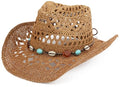 Straw Cowboy Hat for Women and Men with Shapeable Wide Brim Sun Beach Western Cowgirl Hat - color: Khaki-m