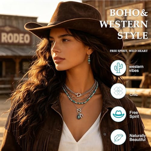 Western Necklaces Boho Turquoise Cross Necklace Set Navajo Pearl Beaded Layered Choker Cowgirl Christian Western Jewelry for Women - color: Style-D