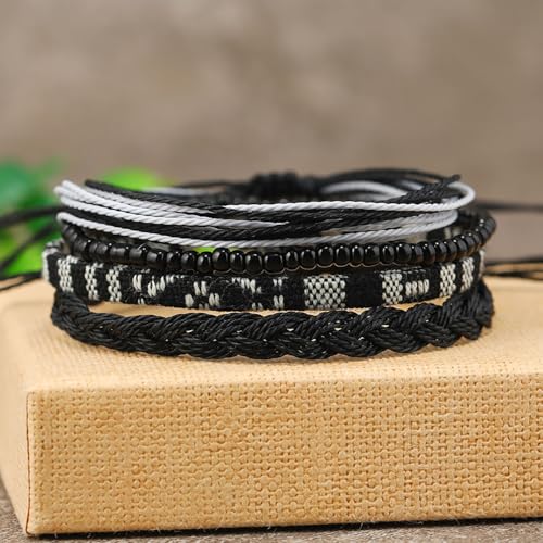 Beach Summer Ankle Bracelet for Women Handmade Braided Adjustable String Anklets Waterproof Surfer Bracelet - color: Black