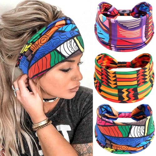 Boho Headbands for Women Colorful Geometrical Pattern Hairband African Styles Head Bands Wide Knotted Head Wraps Bandanas Sport Turbans Hair Accessories (Pack of 3) - color: Set 3