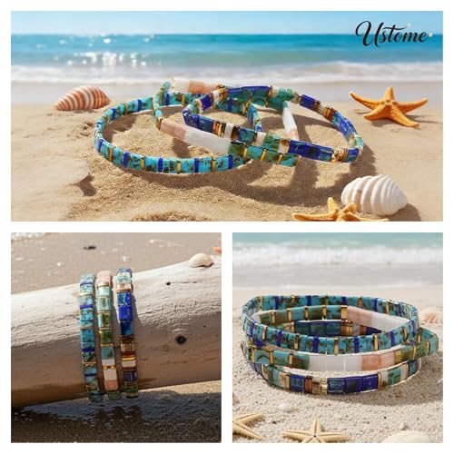 Tila Flat Square Stack Beaded Bracelets Set for Women Men, Boho 3Pcs Romantic Handmade Healing Gold Colorful Stretch Accessories Jewelry, Daily Vacation Party Holiday Friendship Gift - color: Blue Peach