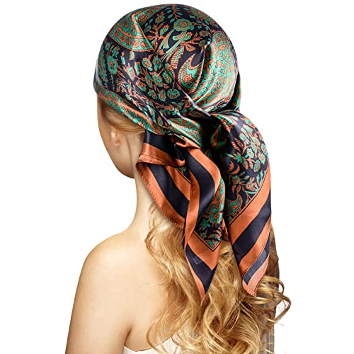 Stlvoll 100% Silk Head Scarf for Women - 27" Hair Scarves Satin Bandanas Square for Night Sleeping with Gift Packed - color: Green/Khaki/Black