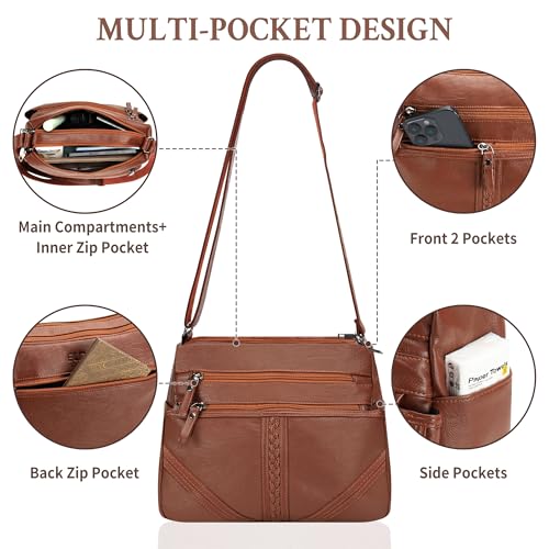 ELDA Crossbody Bags For Women Pocketbooks Soft PU Leather Purses and Handbags Multi Pocket Shoulder Bag - color: Amber Brown