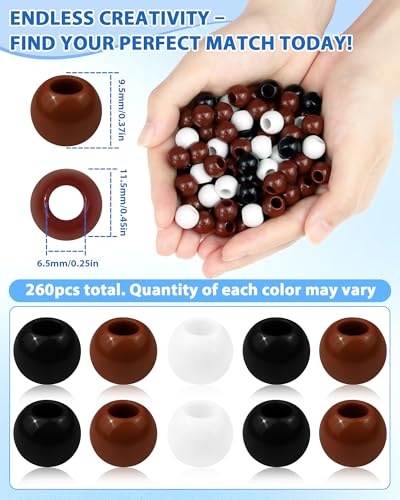 FIVEIZERO 260PCS Large Hole Hair Beads, 10x12mm Pony Beads for Hair Braids | acrylic pony style, black brown white, smooth lightweight finish, reusable, bracelets, keychains, macramé and DIY crafts - color: Black Brown White