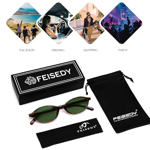 FEISEDY Retro Oval Sunglasses for Women Cat Eye 90s Lightweight Narrow Shades Trendy Sun Glasses B4196 - color: Tortoise/Green