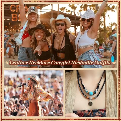Boho Outfits for Women Boho Necklaces Country Concert Outfits Nashville Western Jewelry Choker Necklaces Long Leather Necklace Western Dress Jewelry Country Cowgirl Accessories Gifts - color: C：Boho Choker Necklaces