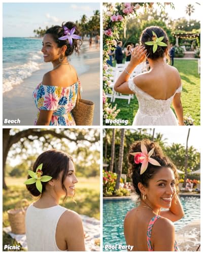 WELROG 3 Pack Hawaiian Orchid Flower Hair Pins,Metal Hair Sticks for Beach Vacation,Non-Slip Fork for Thick Hair Updo - color: Purple+Pink+Green