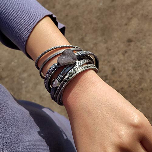 Artilady Leather Wrap Bracelets for Women - Pearl Bracelets Handmade Clasp Bangle Bracelet with Beads Jewelry Gift for Women and Mother - style: Grey with druzy