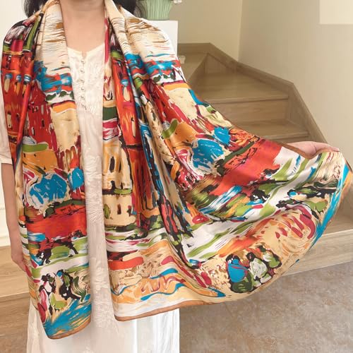 Long Silk Like Scarf Lightweight Satin Scarves Large Sunscreen Shawl Wrap for Women - color: 020.abstract Red