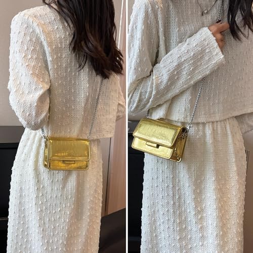Small Crossbody Purse Bag for Women，Y2K Cute Metallic Croc-Embossed Handbag with Chain Strap - color: Mini Gold