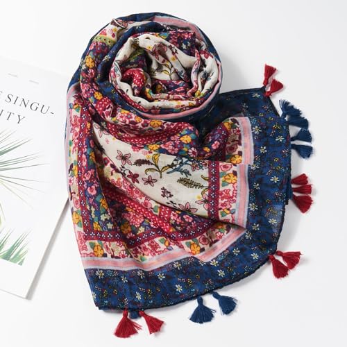 QIUTIMIY Scarf for Women Lightweight Soft Floral Leopard Printed Scarves Fall Winter Fashion Shawl Wrap with Fringe - color: Flower-red Nblue
