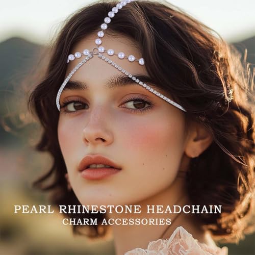 Boho Pearl Head Chain Jewelry Crystal Headpieces Wedding Rhinestone Headband Hair Accessories for Women (Silver) - color: Silver