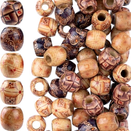 Pndeyo 50pcs Wooden Beads for Crafts, Round Large Hole Natural Wood Hair Bead, Vintage Wooden Spacer Beads for Macrame Necklace Bracelet DIY Craft Handmade Decor - color: Brown,50pcs,C Style