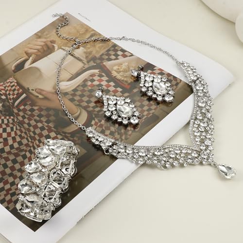 IRONBOX Crystal Wedding Bridal Jewelry Set for Women Prom Sliver Rhinestone Teardrop Necklace Earrings Bracelet Wedding Bridesmaid Gifts Fit with Wedding Dress